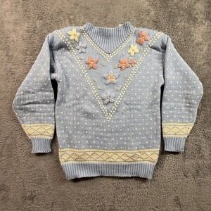 Vintage Melbourne Elements Hand Knit Blue Floral Embroidered Fair Isle Sweater S